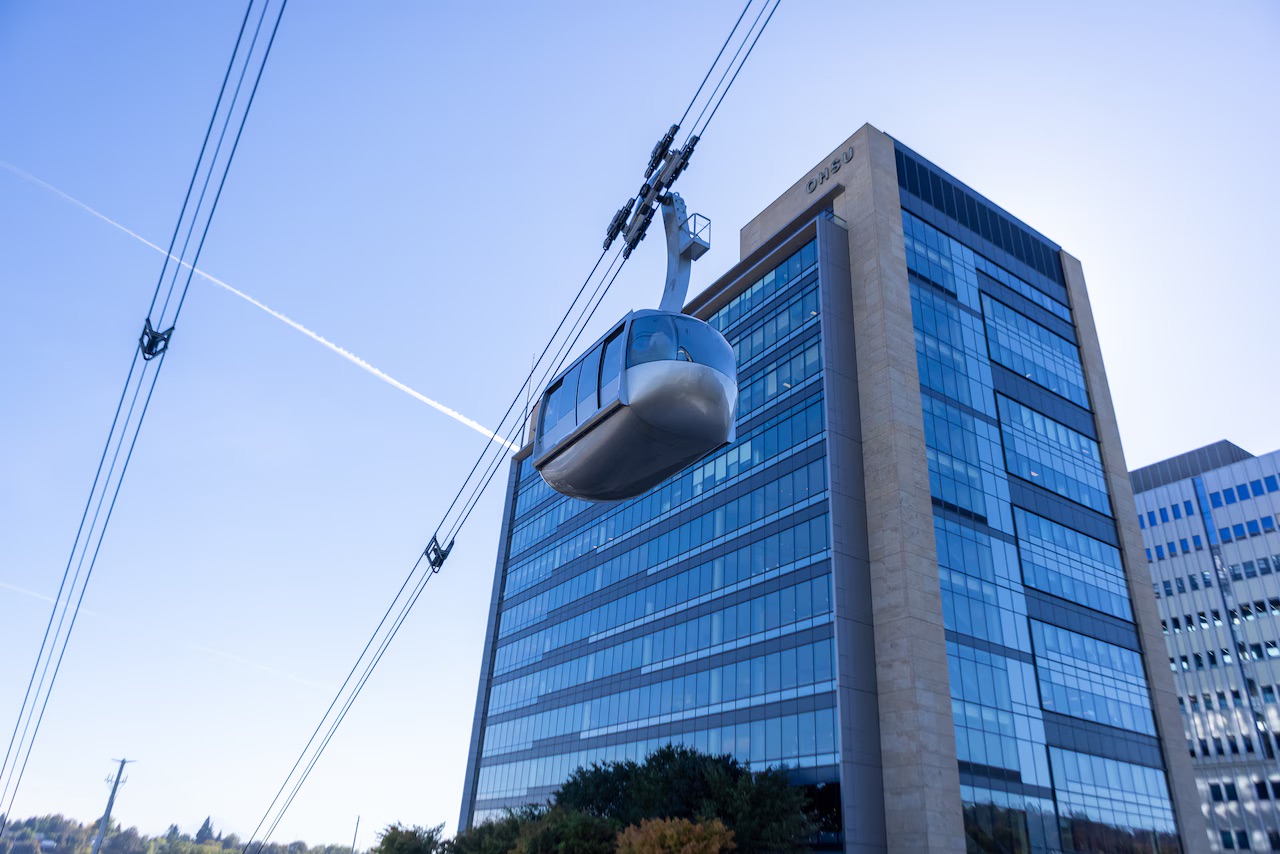 OHSU tram leaving Portland's South Waterfront campus